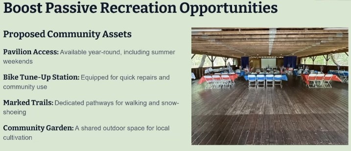 Boost Passive Recreation Opportunities — pavilions, trails, bike station, community garden